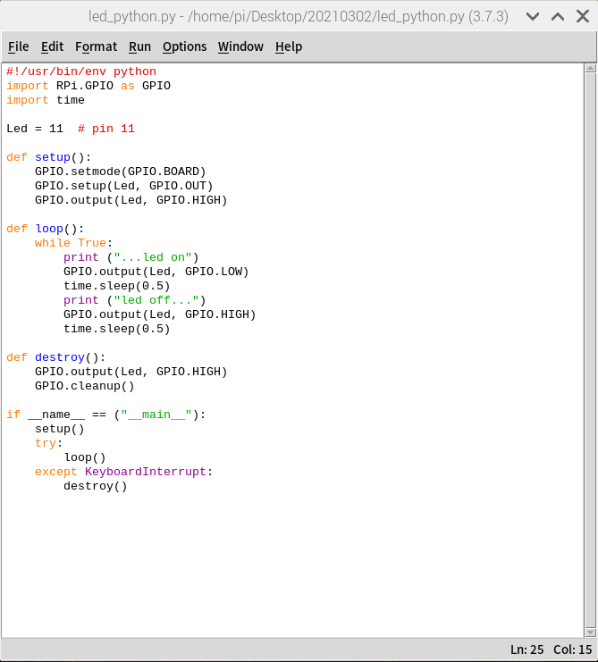 LEDを光らせるPython3 (IDLE) 