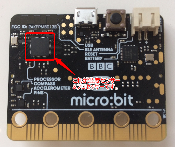 micro:bitに搭載されている温度センサーを使って華氏温度計を作ります。摂氏温度から華氏温度へ変換させるための計算ブロックを使ったプログラムです。