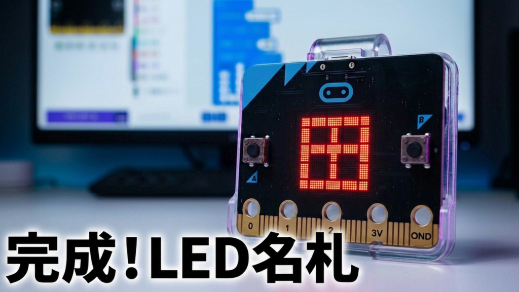小学生の夏休みプログラミング自由研究、第1回目のミッションは「光るデジタル名札」作り！教育用マイコンボードmicro:bit（マイクロビット）のLEDを使って、自分の名前と好きなマークが永遠に表示され続けるプログラムをMakeCodeで作成する具体的な手順を解説します。